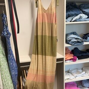 Sleeveless Striped Maxi Dress in Gold, Pink & Green